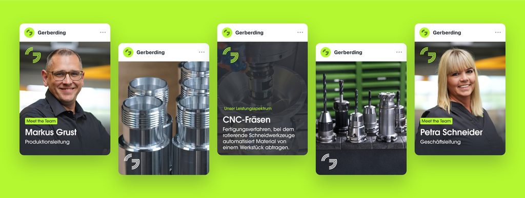 Employer-Branding-Posts für Gerberding mit Mitarbeitenden aus Produktion und Geschäftsleitung