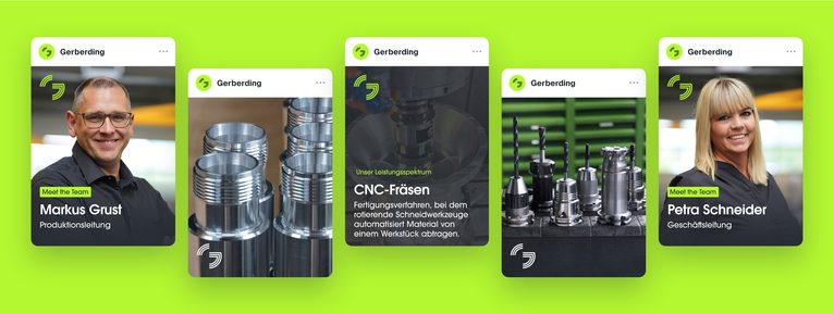 Employer-Branding-Posts für Gerberding mit Mitarbeitenden aus Produktion und Geschäftsleitung